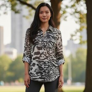 INC 2 Piece Sheer Black & Gray Animal Print Blouse & Matching Tank Set Size M